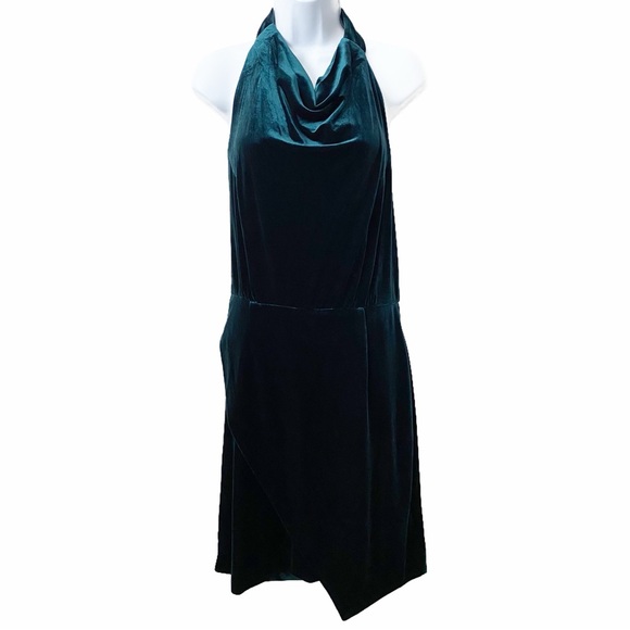 Betsey Johnson, Velvet Cowl Halter Neck Faux Wrap Skirt Sheath Dress Pine Green - Picture 1 of 11